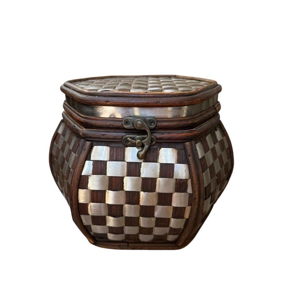 Vintage Bamboo Metal Inlay Decorative Storage Box – Handcrafted Hexagon Trinket